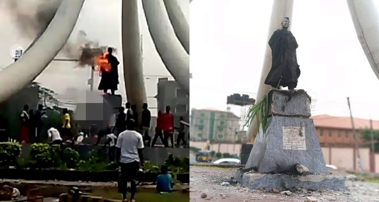 Protesting Youths Set Zik’s Statue Aflame in Onitsha, Anambra